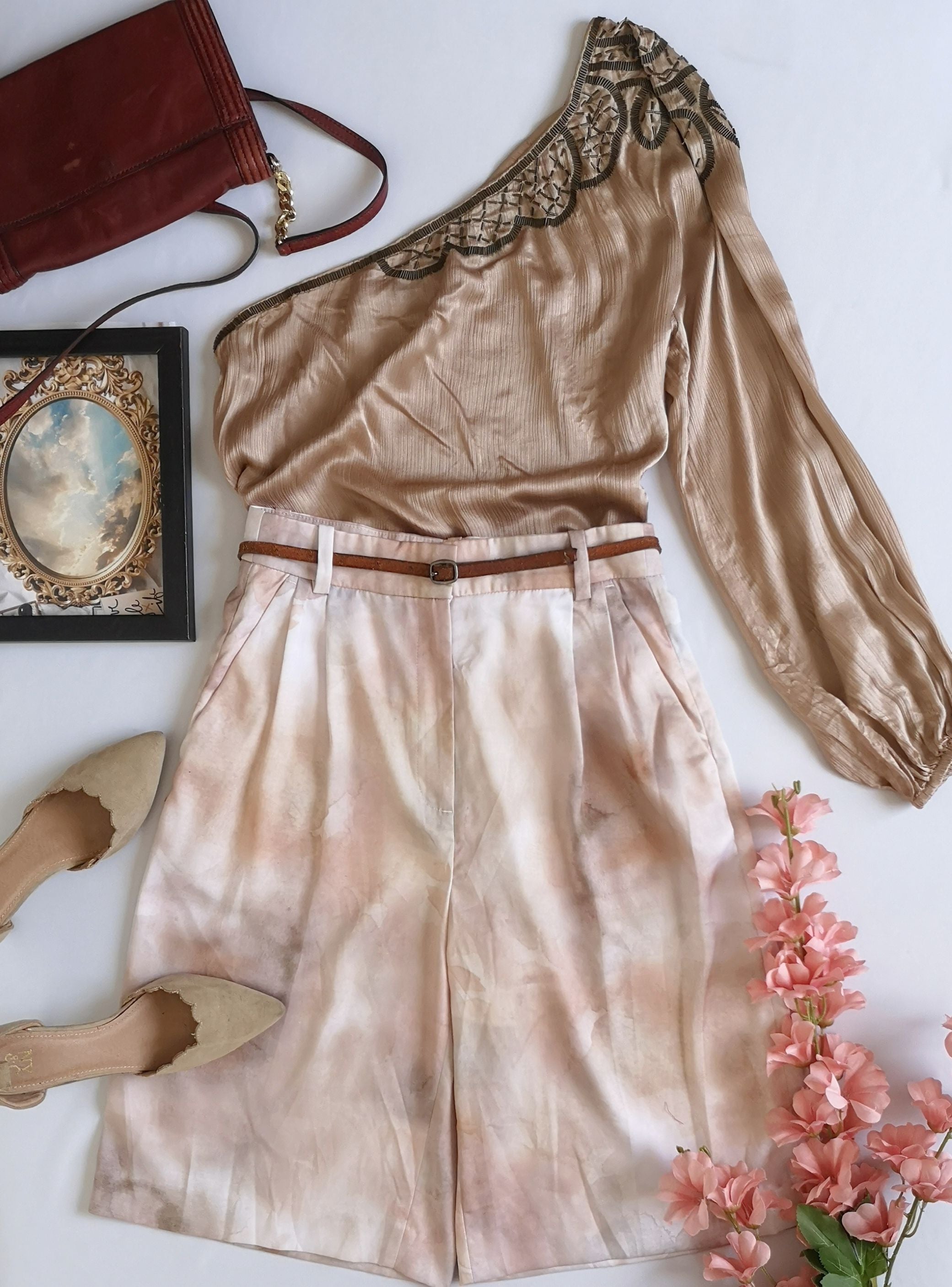 Blusa hombro descubierto bordado y pantalón culotte ❤️