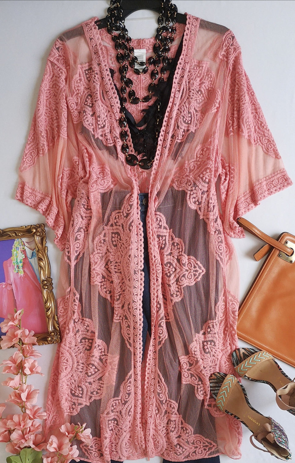 Kimono largo de tul bordado