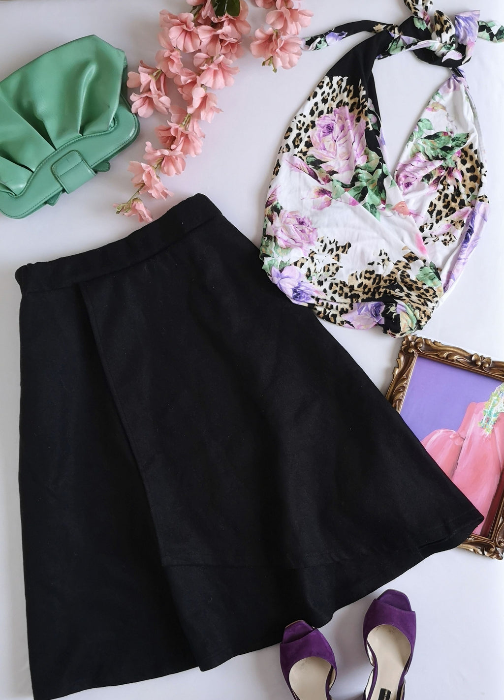 Falda midi tela gruesa con blusa halter
