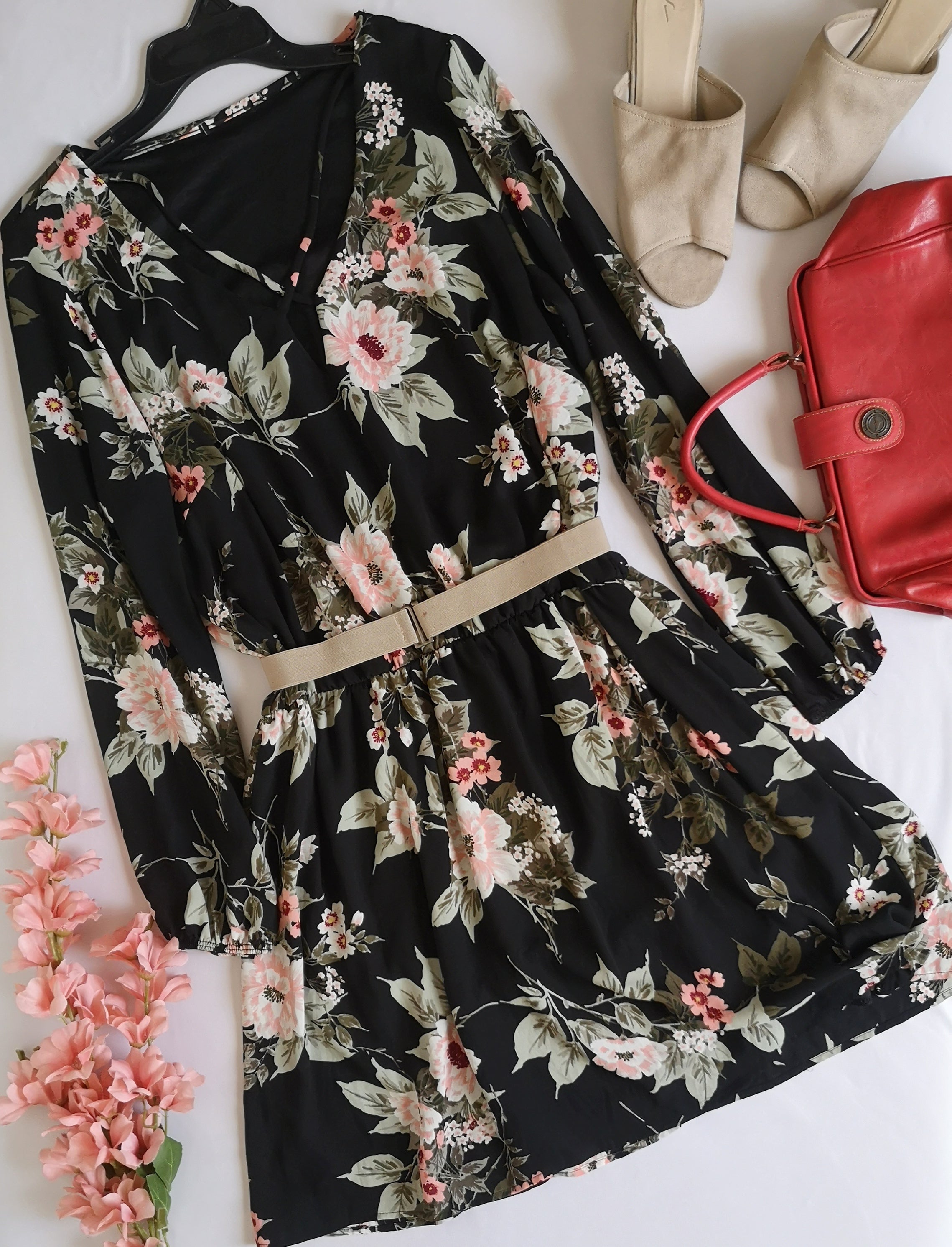 Vestido manga larga de chifon incluye cincho