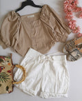 Blusa corta mangas bombachas con short de lino