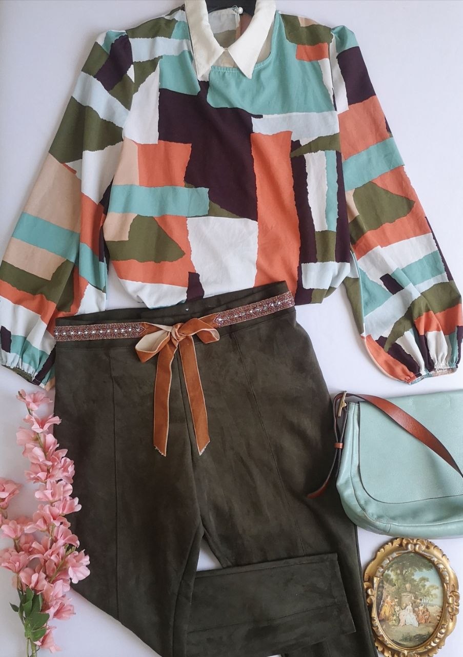 Blusa mangas bombachas con pantalón piel de durazno