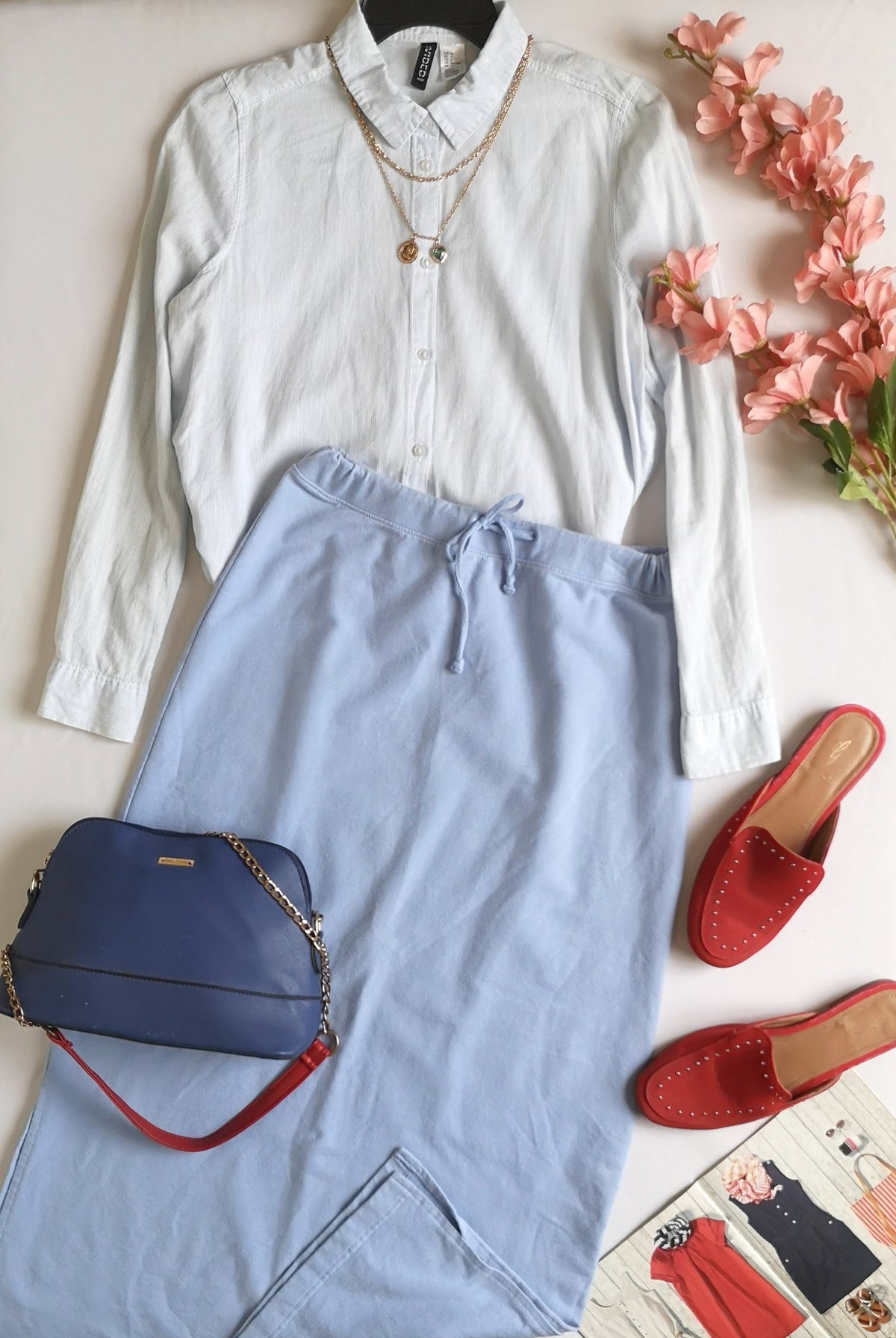 Falda midi con blusa manga larga